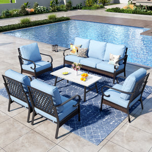 Phi Villa 7-Seater Outdoor Steel & Rattan Dark Color Sofa Set With Coffee Table