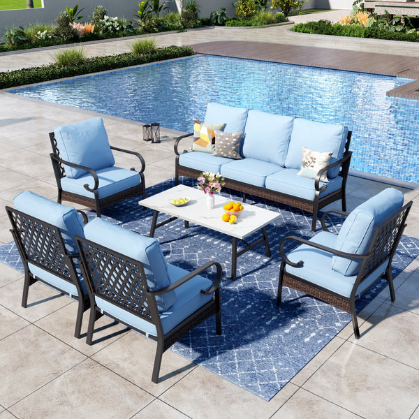 Phi Villa 7-Seater Outdoor Steel & Rattan Dark Color Sofa Set With Coffee Table