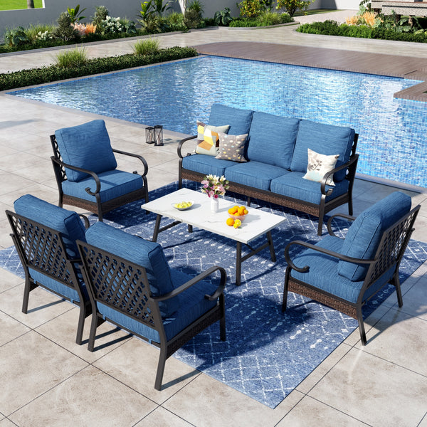 Phi Villa 7-Seater Outdoor Steel & Rattan Dark Color Sofa Set With Coffee Table