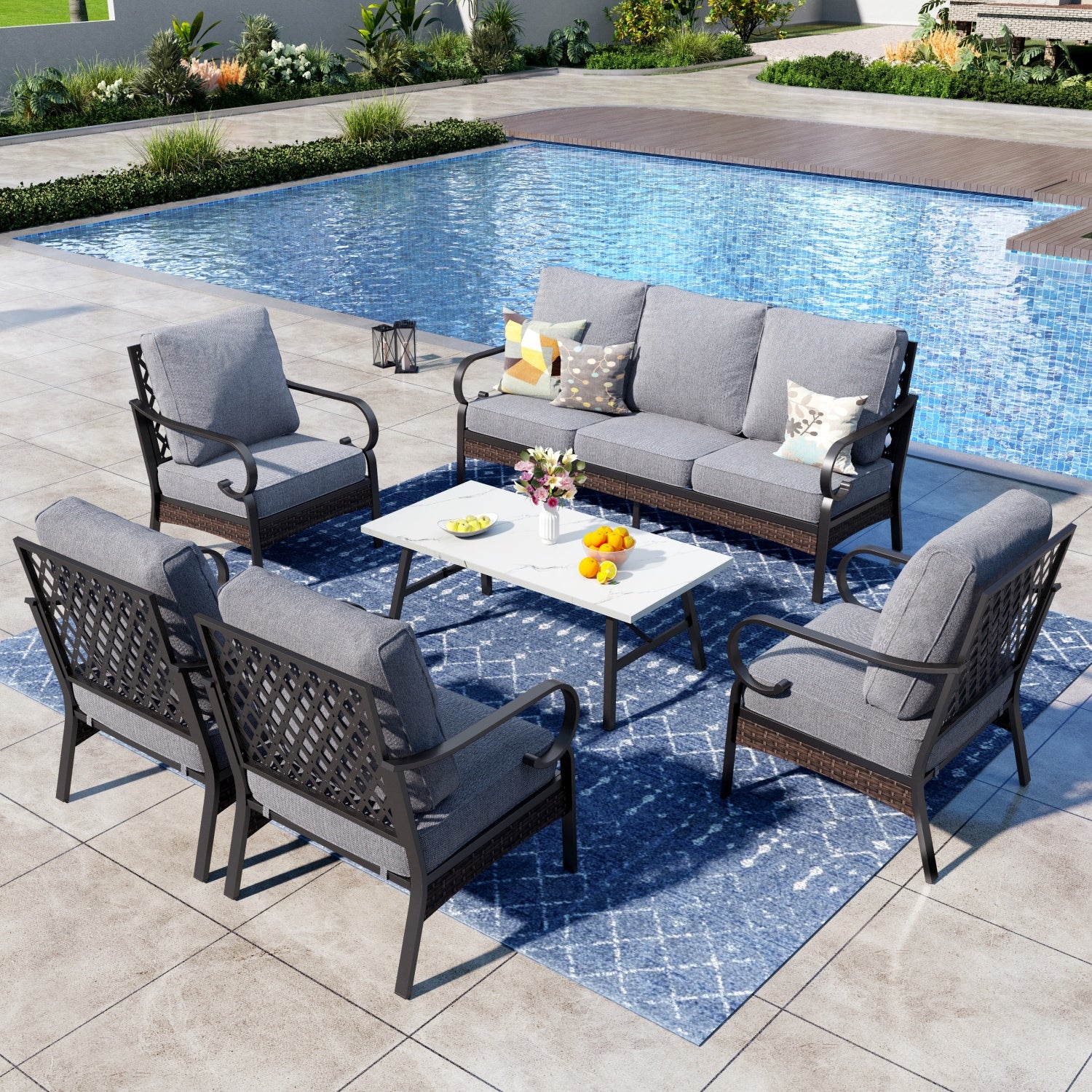 Phi Villa 7-Seater Outdoor Steel & Rattan Dark Color Sofa Set With Cof