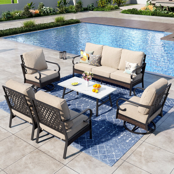 Phi Villa 7-Seater Outdoor Steel & Rattan Dark Color Sofa Set With Coffee Table