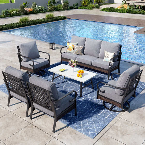Phi Villa 7-Seater Outdoor Steel & Rattan Dark Color Sofa Set With Coffee Table