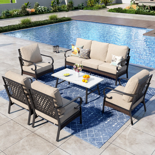 Phi Villa 7-Seater Outdoor Steel & Rattan Dark Color Sofa Set With Coffee Table