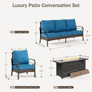 Phi Villa 7-Seater Outdoor Steel & Rattan Dark Color Sofa Set with Fire Pit Table