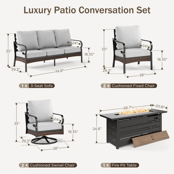 Phi Villa 7-Seater Outdoor Steel & Rattan Dark Color Sofa Set with Fire Pit Table