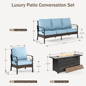Phi Villa 7-Seater Outdoor Steel & Rattan Dark Color Sofa Set with Fire Pit Table