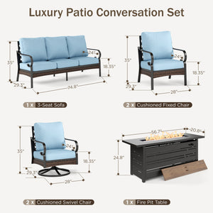 Phi Villa 7-Seater Outdoor Steel & Rattan Dark Color Sofa Set with Fire Pit Table