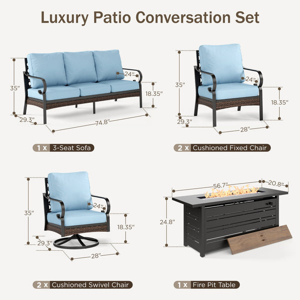 Phi Villa 7-Seater Outdoor Steel & Rattan Dark Color Sofa Set with Fire Pit Table