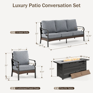 Phi Villa 7-Seater Outdoor Steel & Rattan Dark Color Sofa Set with Fire Pit Table