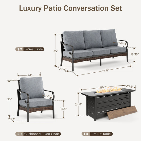 Phi Villa 7-Seater Outdoor Steel & Rattan Dark Color Sofa Set with Fire Pit Table