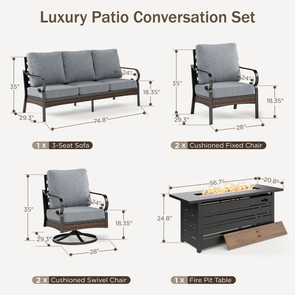 Phi Villa 7-Seater Outdoor Steel & Rattan Dark Color Sofa Set with Fire Pit Table