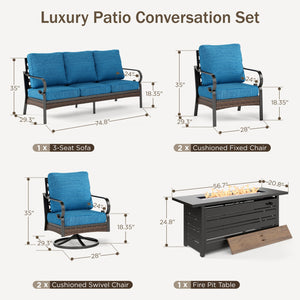 Phi Villa 7-Seater Outdoor Steel & Rattan Dark Color Sofa Set with Fire Pit Table
