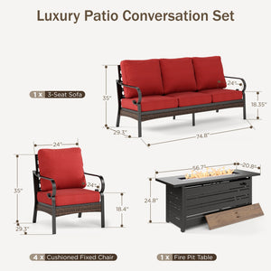 Phi Villa 7-Seater Outdoor Steel & Rattan Dark Color Sofa Set with Fire Pit Table