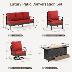 Phi Villa 7-Seater Outdoor Steel & Rattan Dark Color Sofa Set with Fire Pit Table