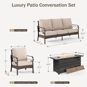 Phi Villa 7-Seater Outdoor Steel & Rattan Dark Color Sofa Set with Fire Pit Table