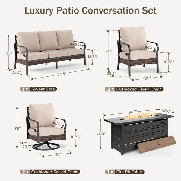 Phi Villa 7-Seater Outdoor Steel & Rattan Dark Color Sofa Set with Fire Pit Table