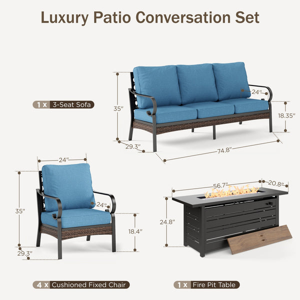 Phi Villa 7-Seater Outdoor Steel & Rattan Dark Color Sofa Set with Fire Pit Table