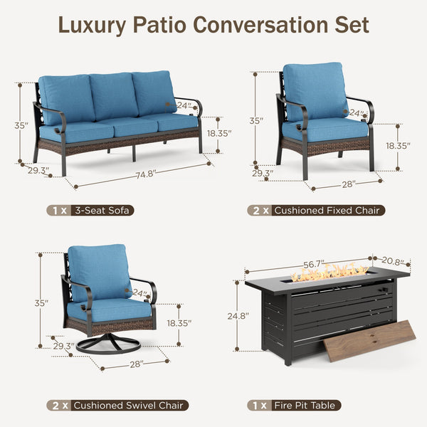 Phi Villa 7-Seater Outdoor Steel & Rattan Dark Color Sofa Set with Fire Pit Table