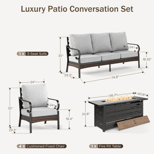Phi Villa 7-Seater Outdoor Steel & Rattan Dark Color Sofa Set with Fire Pit Table