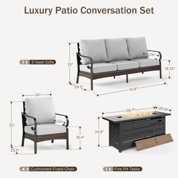 Phi Villa 7-Seater Outdoor Steel & Rattan Dark Color Sofa Set with Fire Pit Table
