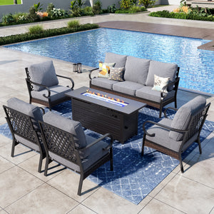 Phi Villa 7-Seater Outdoor Steel & Rattan Dark Color Sofa Set with Fire Pit Table