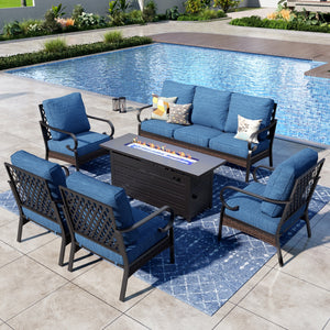 Phi Villa 7-Seater Outdoor Steel & Rattan Dark Color Sofa Set with Fire Pit Table