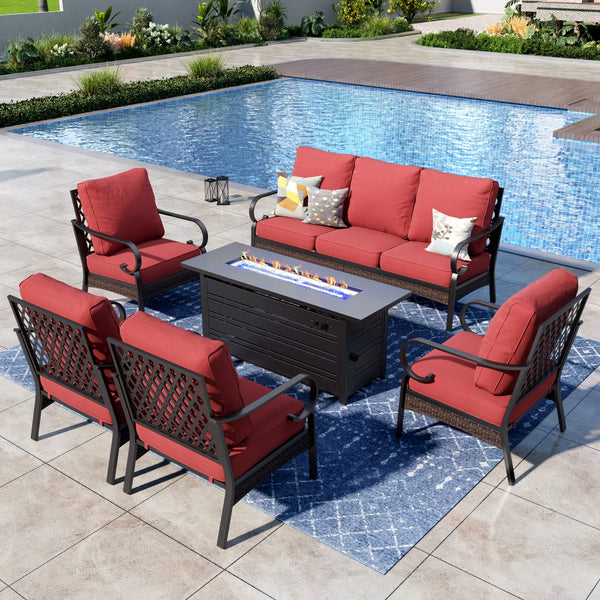 Phi Villa 7-Seater Outdoor Steel & Rattan Dark Color Sofa Set with Fire Pit Table