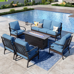 Phi Villa 7-Seater Outdoor Steel & Rattan Dark Color Sofa Set with Fire Pit Table