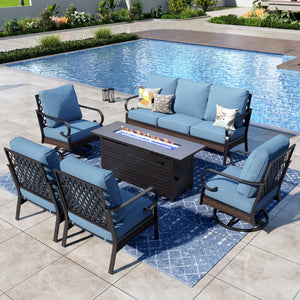 Phi Villa 7-Seater Outdoor Steel & Rattan Dark Color Sofa Set with Fire Pit Table