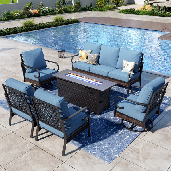 Phi Villa 7-Seater Outdoor Steel & Rattan Dark Color Sofa Set with Fire Pit Table