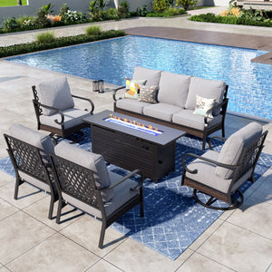 Phi Villa 7-Seater Outdoor Steel & Rattan Dark Color Sofa Set with Fire Pit Table