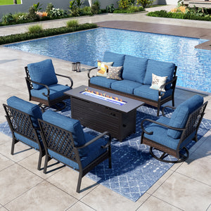 Phi Villa 7-Seater Outdoor Steel & Rattan Dark Color Sofa Set with Fire Pit Table
