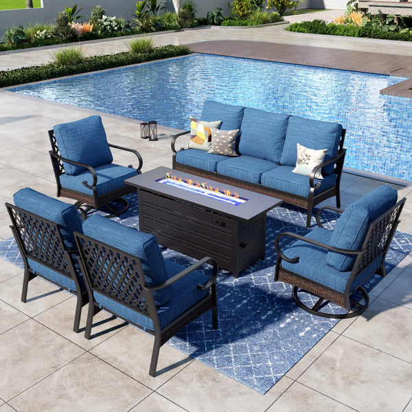 Phi Villa 7-Seater Outdoor Steel & Rattan Dark Color Sofa Set with Fire Pit Table