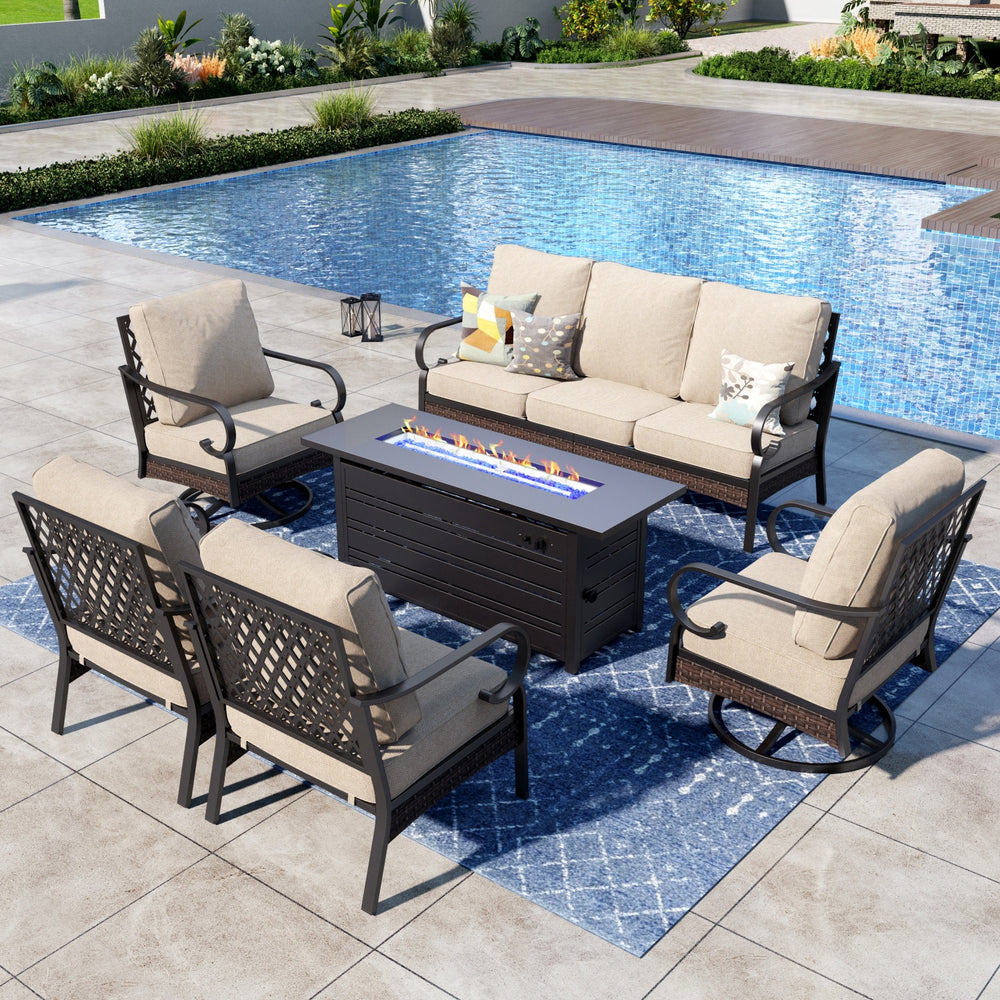 Phi Villa 7-Seater Outdoor Steel & Rattan Dark Color Sofa Set with Fire Pit Table