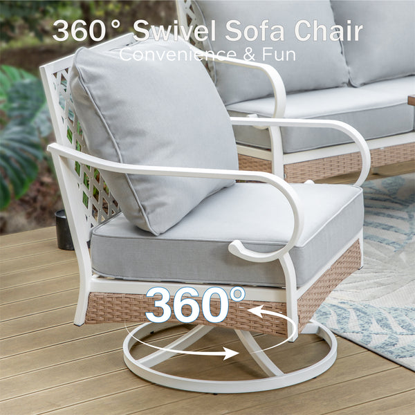 7-Seater Patio Metal All-White Sofa Set with Rattan Edge for Sale