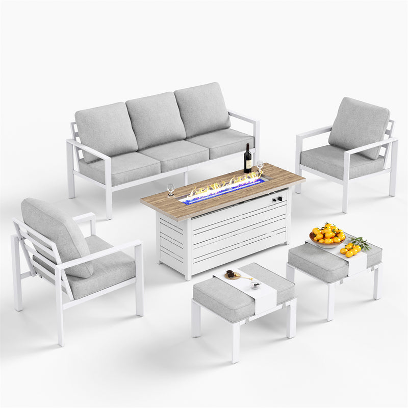 Phi Villa 7-Seater Patio Aluminum Sofa With Rectangle Metal Gas Fire Pit Table