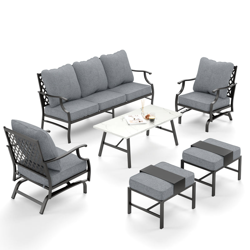 Phi Villa 7-Seater Patio Steel Sofa With Multi-fuctional Ottomans and Coffee Table