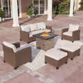 Phi Villa 7-Seater Patio Wicker Sofa Set With Square Fire Pit Table