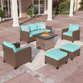 Phi Villa 7-Seater Patio Wicker Sofa Set With Square Fire Pit Table