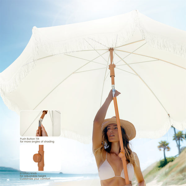 7ft Patio Beach Tassel Umbrella UPF 50+ With Carry Bag
