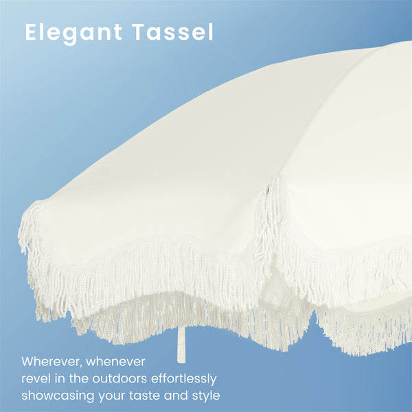 7ft Patio Beach Tassel Umbrella UPF 50+ With Carry Bag