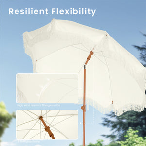 7ft Patio Beach Tassel Umbrella UPF 50+ With Carry Bag