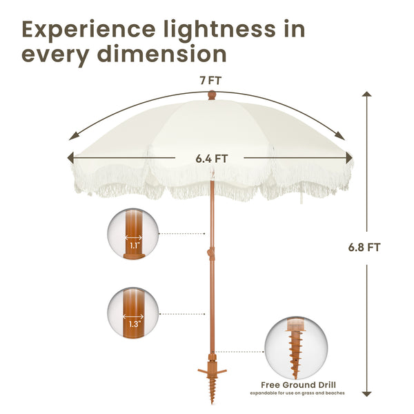 7ft Patio Beach Tassel Umbrella UPF 50+ With Carry Bag