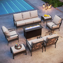 Phi Villa 9-Seat Outdoor Steel & Rattan Conversation Sofa Set With Leather Grain Fire Pit Table
