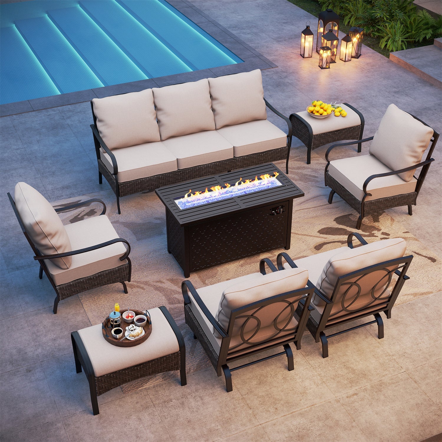 Phi Villa 9-Seat Outdoor Steel & Rattan Conversation Sofa Set With Lea