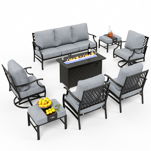 9-Seater Outdoor Metal Diamond Sofa Sets with Fire Pit Table