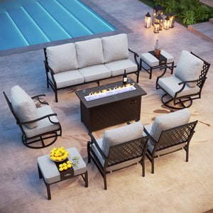 9-Seater Outdoor Metal Diamond Sofa Sets with Fire Pit Table