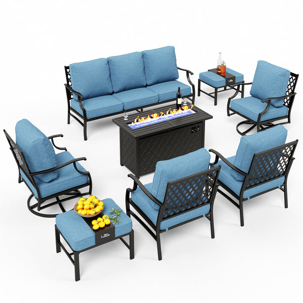 9-Seater Outdoor Metal Diamond Sofa Sets with Fire Pit Table