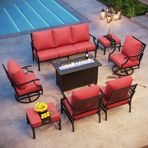9-Seater Outdoor Metal Diamond Sofa Sets with Fire Pit Table