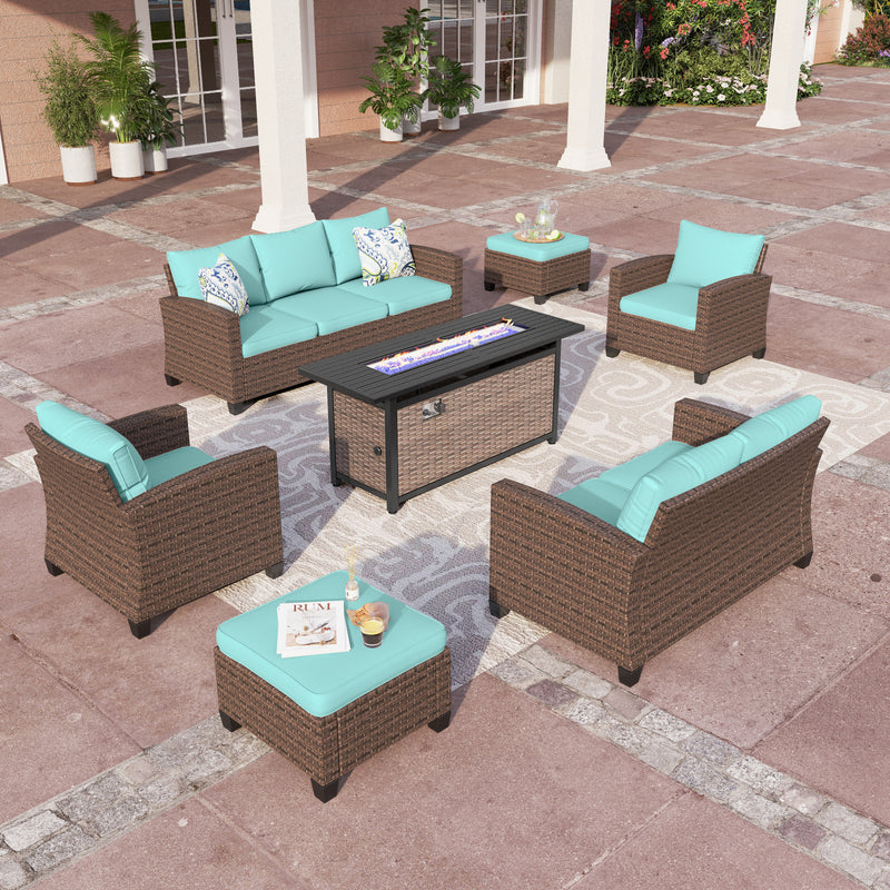 Phi Villa 9-Seater Patio Rattan Sofa With Rectangle Fire Pit Table
